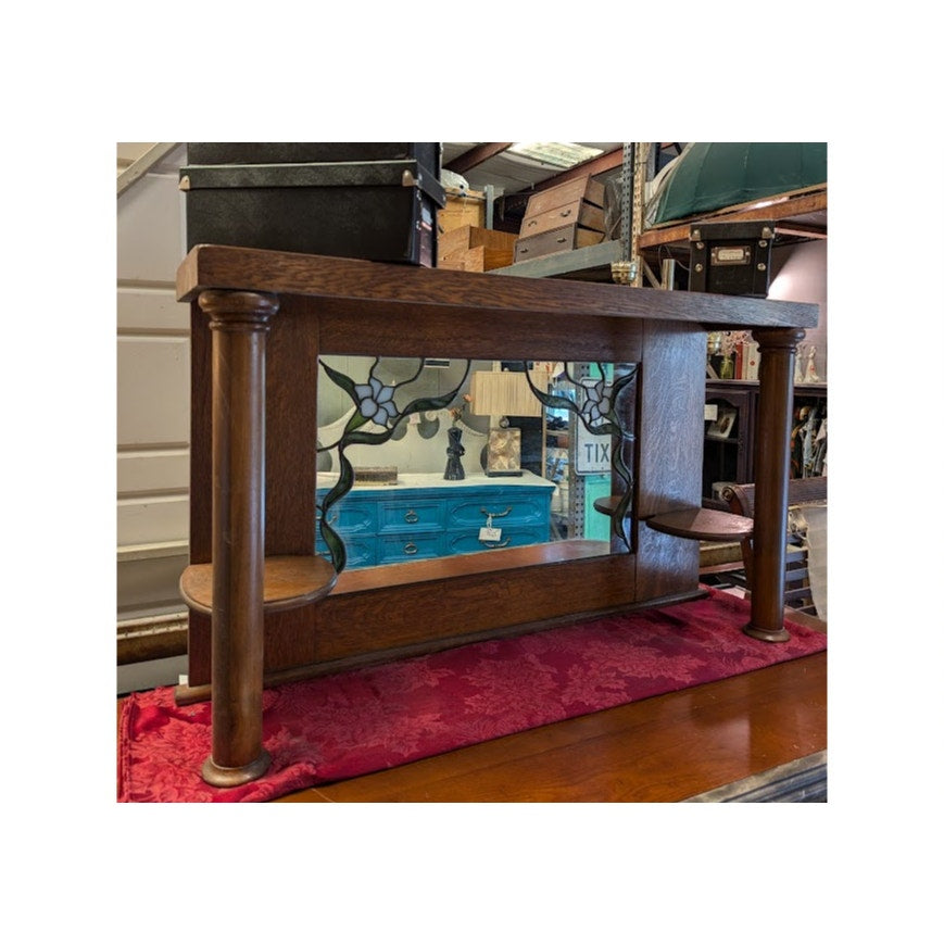 Secondhand Sandies: Buffet/ sideboard Mirror topper shelf stained glass tiger oak wood 47x12x27.6
