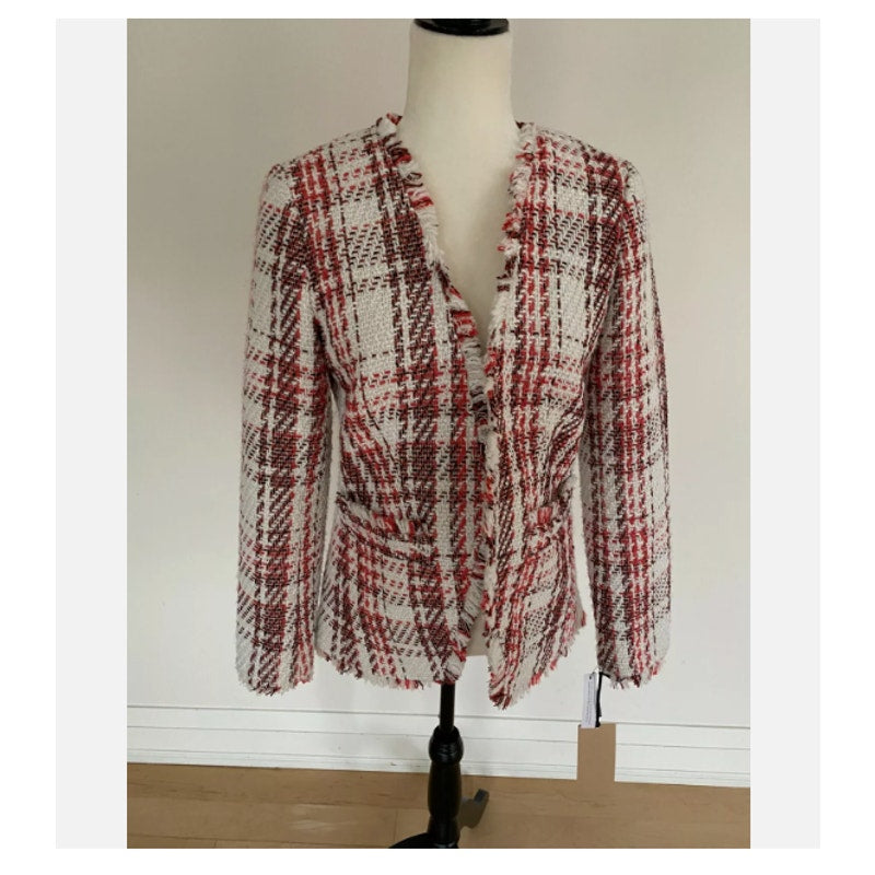 Halogen women new open front plaid tweed jacket LARGE  Ivory Coral career CASUAL