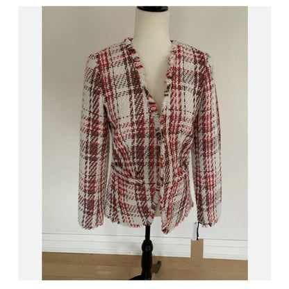 Halogen women new open front plaid tweed jacket LARGE  Ivory Coral career CASUAL