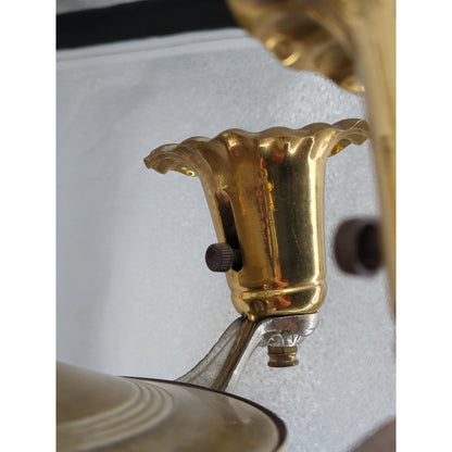 Vintage 5-Arm Two-Tone Brass & Chrome Chandelier Tulip Shades Hollywood Regency