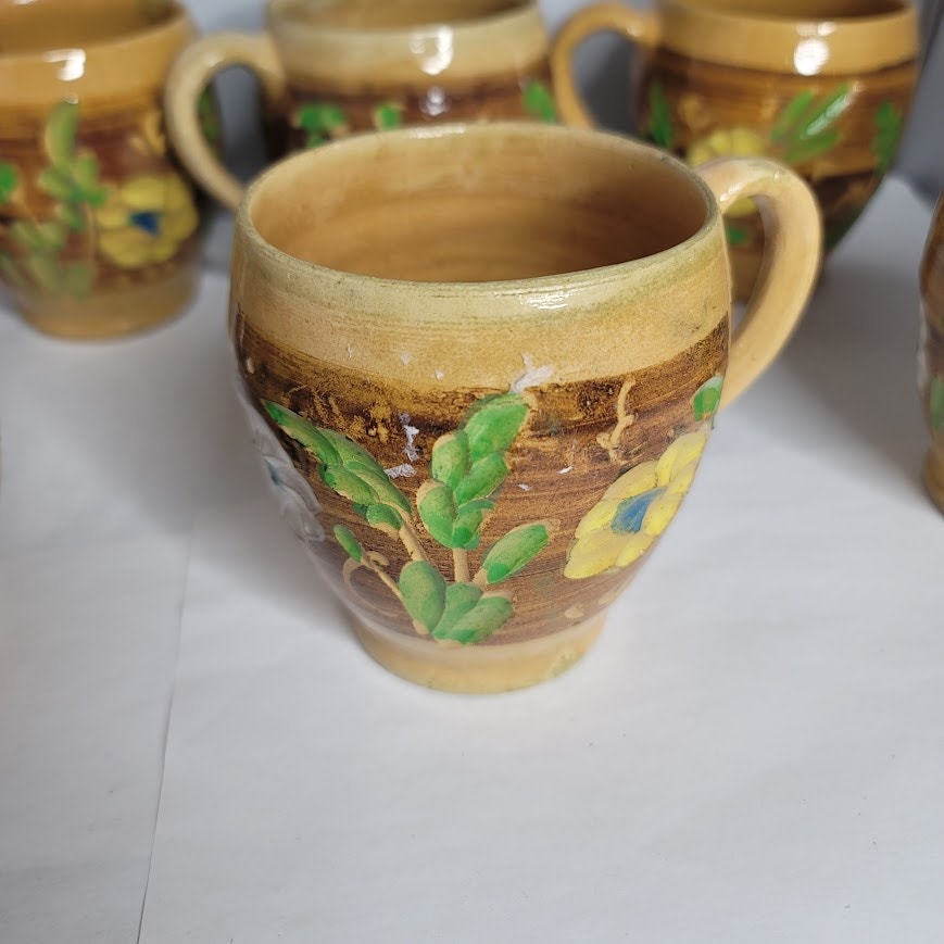 Set of 6 Primitive folk VINTAGE hand painted art pottery mug cup encised flowers