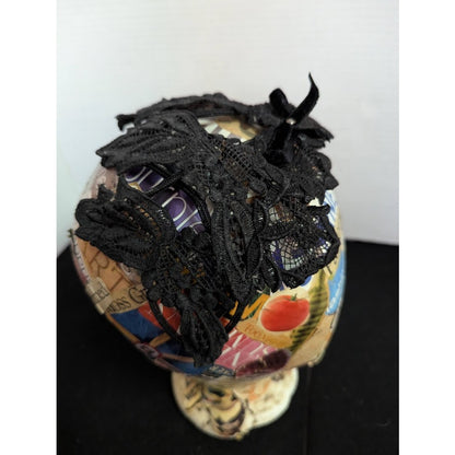 Vintage 50s Black Lace Whimsy Hat Velvet Bow Juliet Cap Noir Glam 40's 50's