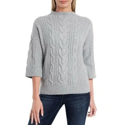 Vince Camuto Elbow Sleeve Cable Stitch Sweater Light Heather Grey Medium NEW