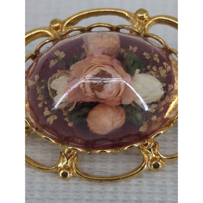 Vintage Gold-Tone Floral Rose Cabochon Brooch Pin Flower Oval