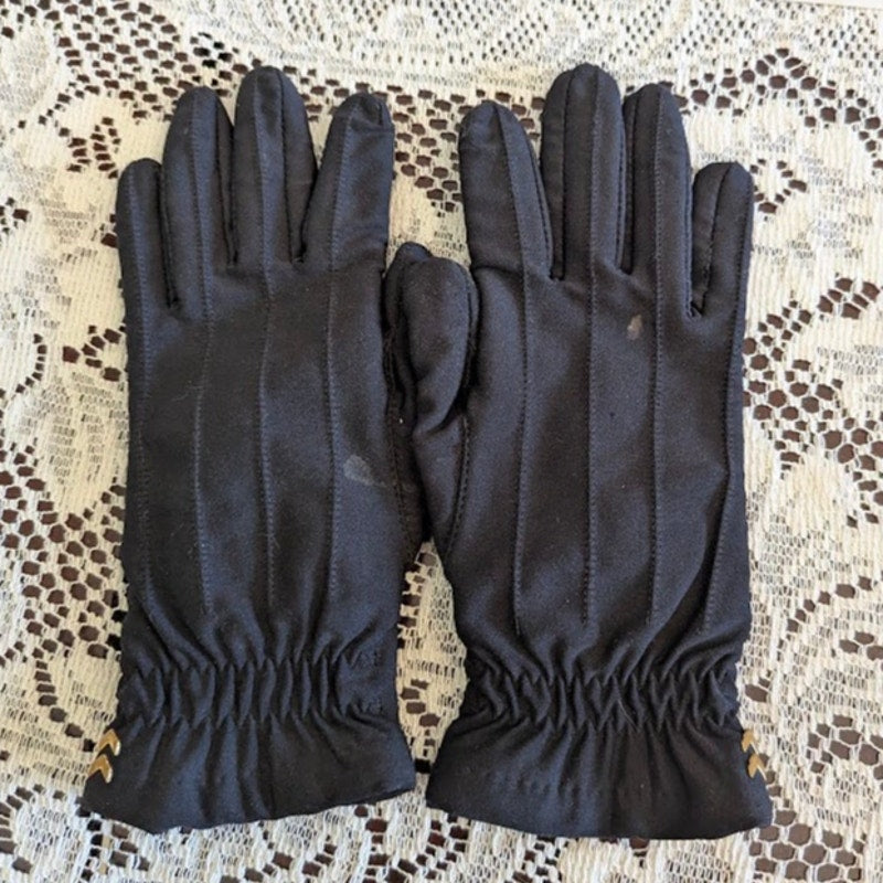 Vintage Black Ruched Driving Gloves with Gold Chevron Accent