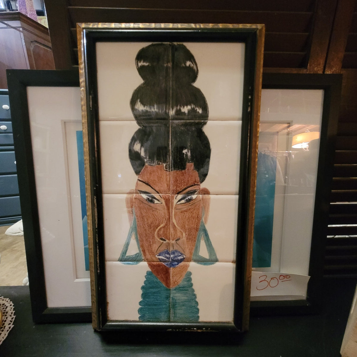 Afrocentric Tile Art African Queen Portrait 80s Glam Wall Decor  19.6" x 10.6"