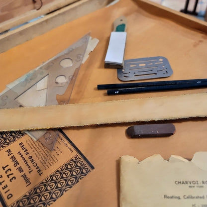 Vintage Wood Drafting Set Architect Case MCM Academia Industrial Prop Kit 60's