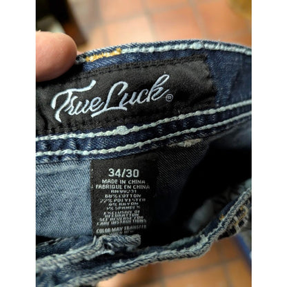 True Luck Men's 34x30 Bootcut Distressed Medium Wash Blue Jeans Y2K Grunge