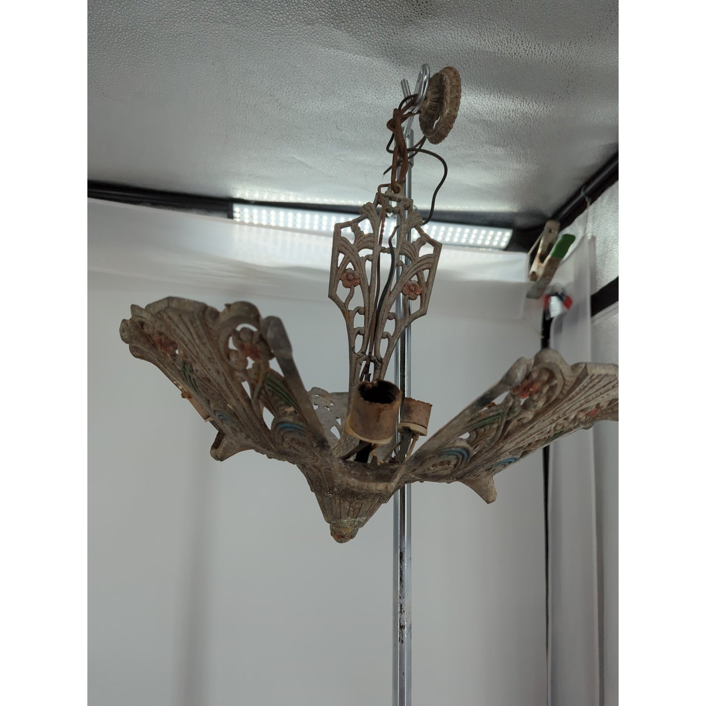 1930s Art Deco Slip Shade 5 Light Chandelier Fixture Restoration Cast Alumium