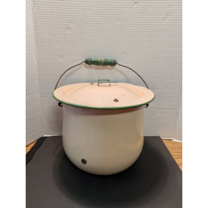 Vintage 1940's Cream Green Enamelware Pail Chamber Pot Slop Jar Wood Handle
