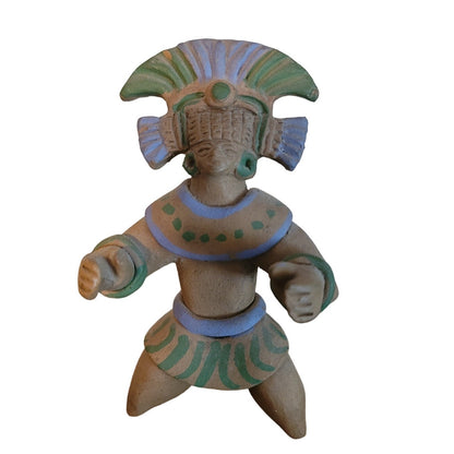 Handmade VINTAGE Inca Clay Mayan warrior Figurine Mexico with headdress Kneeling