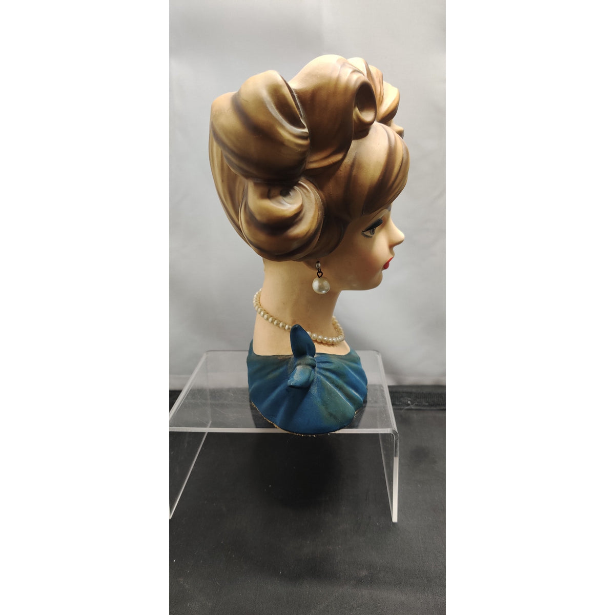 Vintage 1950s Blonde Lady Head Vase Planter Blue Dress Collectible MCM 7"