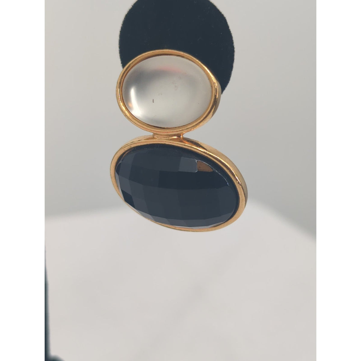 Vintage Double Drop Oval Earrings Black Faceted Resin Gold-Tone Glamour
