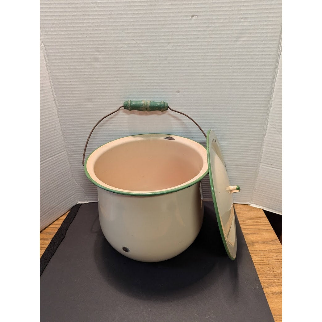 Vintage 1940's Cream Green Enamelware Pail Chamber Pot Slop Jar Wood Handle
