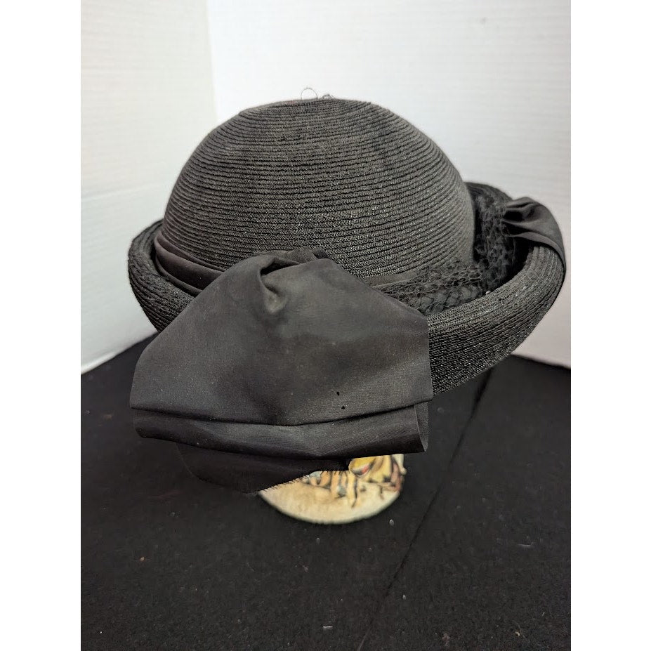 Vintage 50s Black Straw Breton Roller Hat Large Grosgrain Bow Rockabilly Church