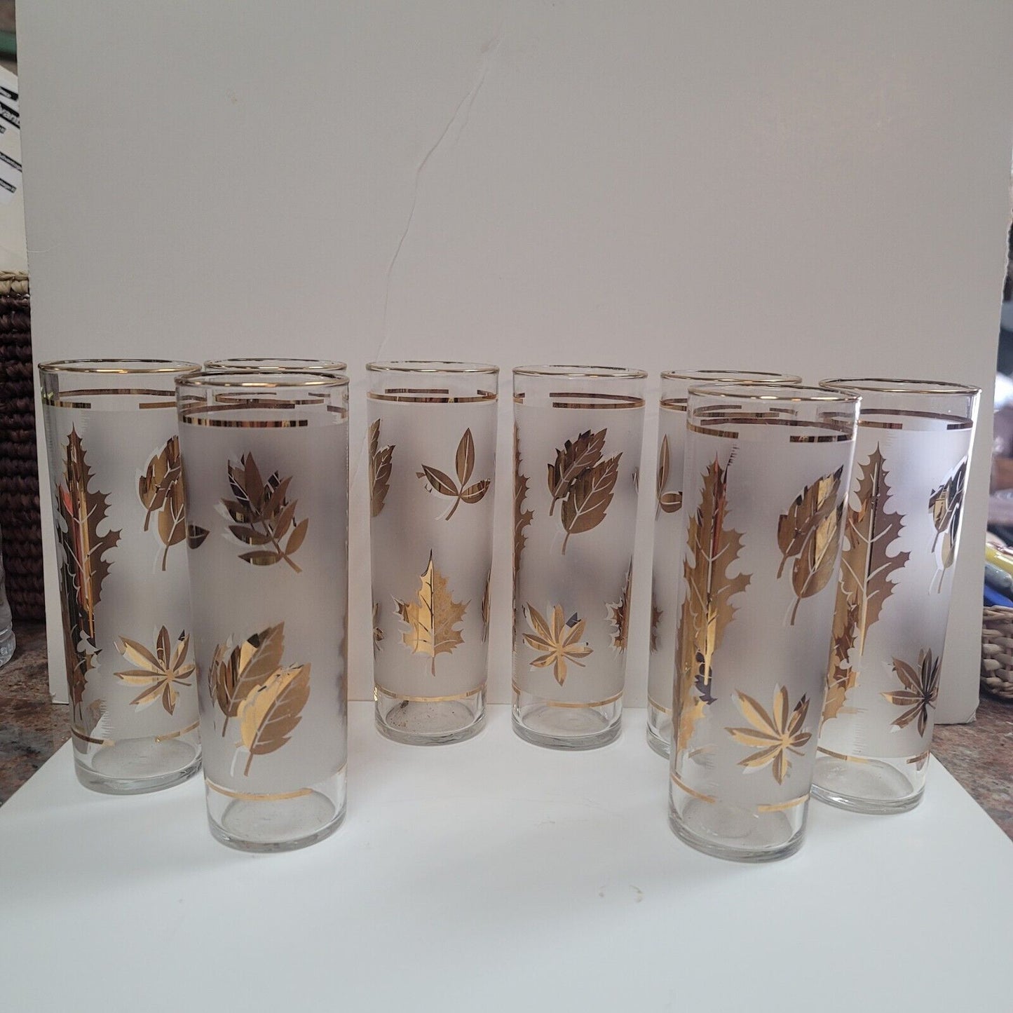MCM Barware Highball Drinkware Cocktail Set of 8 Libbey Gold Leaves 7'' glasses