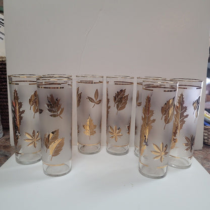 MCM Barware Highball Drinkware Cocktail Set of 8 Libbey Gold Leaves 7'' glasses