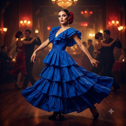 NEW Flamenco Tango BLUE Multi Tiered Dress youth large DANCE Fiesta Formal