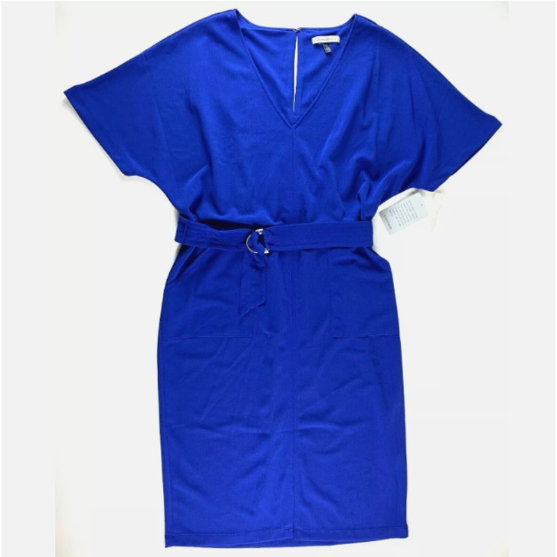 Blue Tash + Sophie Sheath Dress Belted Stretch V Neck Dolman Sleeve Pocket LARGE