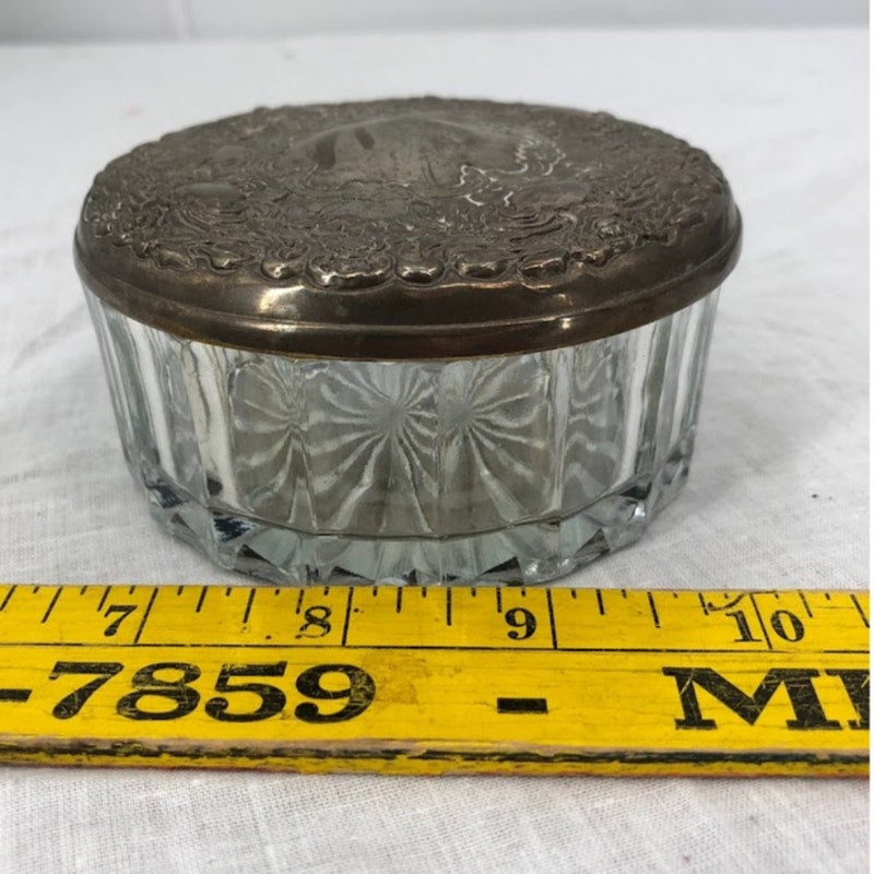 Vtg Crystal Glass Makeup Powder Jar Ornate Floral Silverplated Mirrored Lid