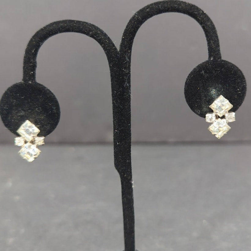 Vintage Clear Rhinestone Faux Diamond Geometric Cluster Screw Back Earrings