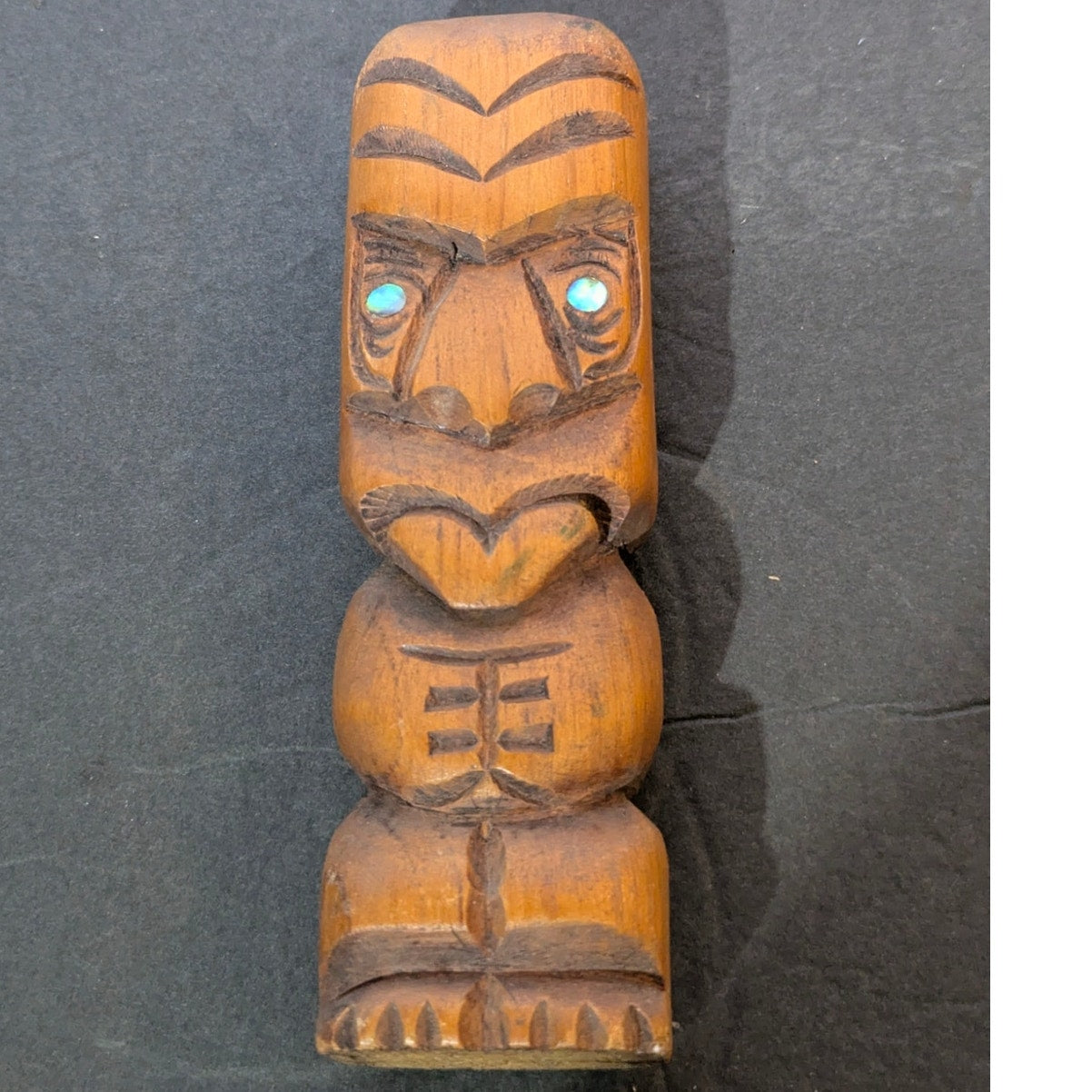 Vintage Handmade 6" Hand-Carved Wood Tiki Totem with Turquoise Inlay
