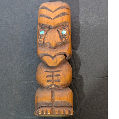 Vintage Handmade 6" Hand-Carved Wood Tiki Totem with Turquoise Inlay