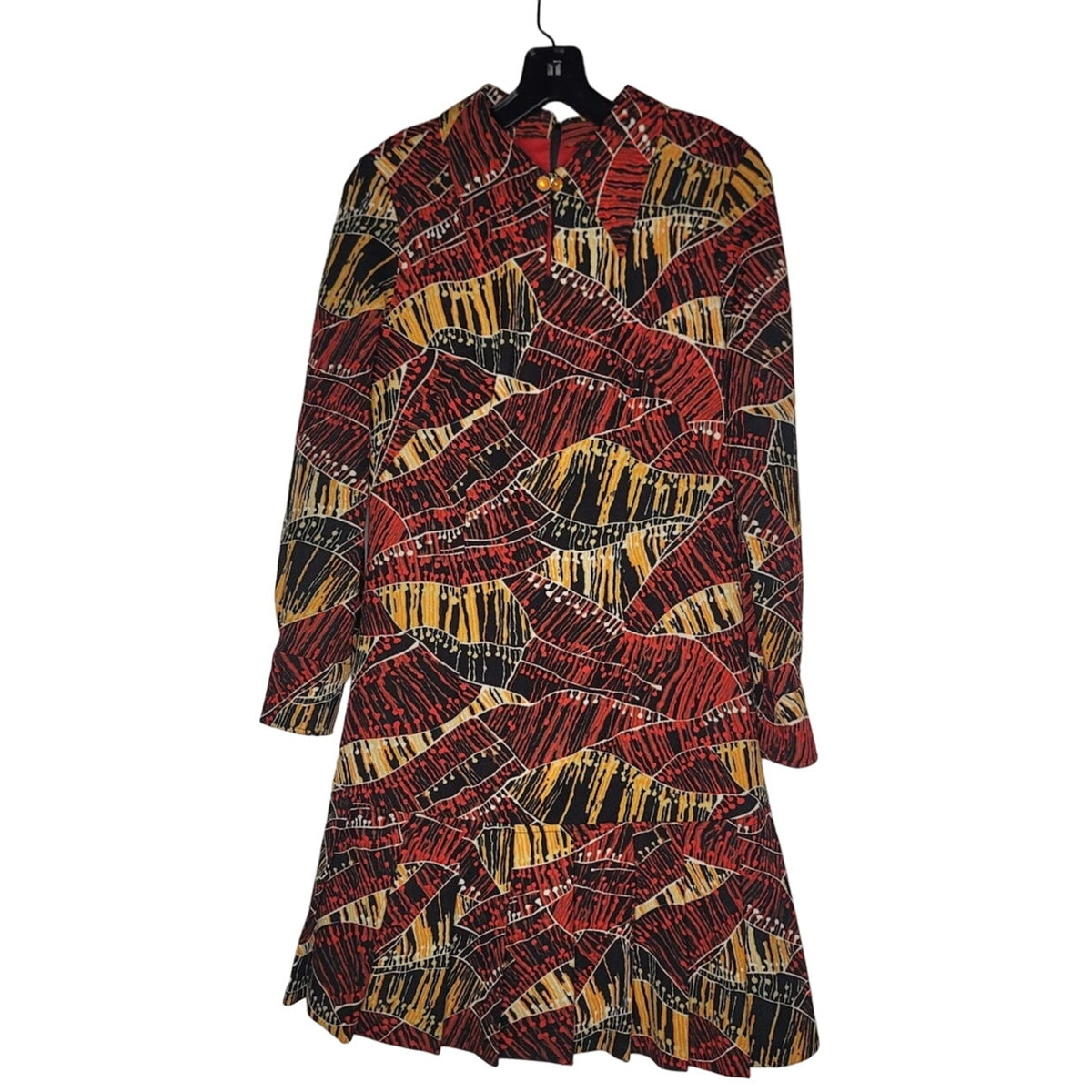 Vintage Geometric Gold Red Black 1960s Mini Dress Long Sleeve Medium button