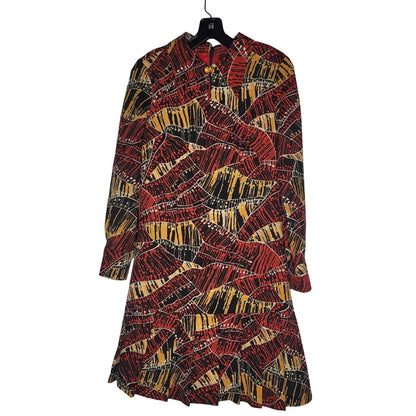 Vintage Geometric Gold Red Black 1960s Mini Dress Long Sleeve Medium button