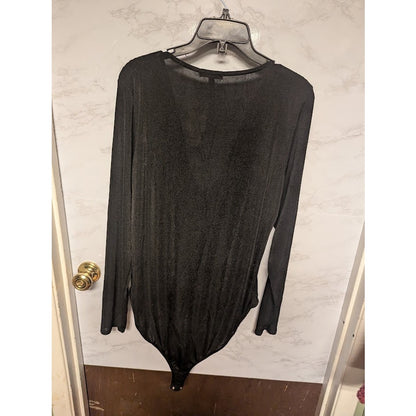 NEW Curvy Sense size 3X black shimmering drape neck bodysuit Long Sleeve Snap