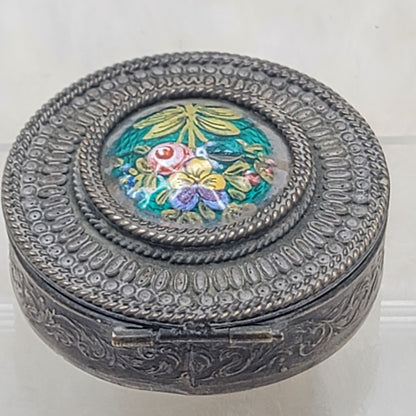 Antique French Filigree Metal & Guilloché Floral Enamel Box boudoir Pill snuff