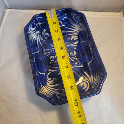 Handmade Handpainted Talavera Casserole Serving Dish Blue White Rectangle