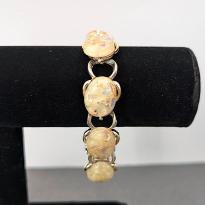 Vintage 1950s Confetti Lucite Bracelet & Earring Set Goldton Clip on Atomic 1950