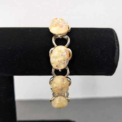 Vintage 1950s Confetti Lucite Bracelet & Earring Set Goldton Clip on Atomic 1950