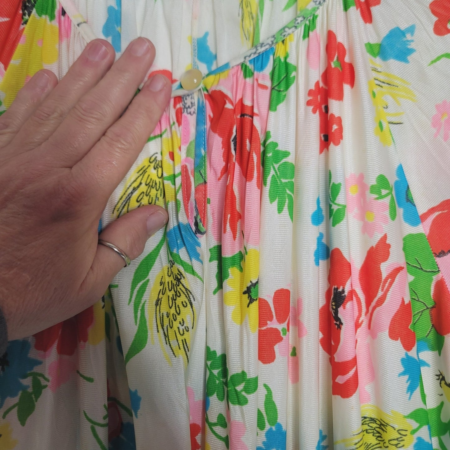 Vintage Poly Pajama Housedress PJs Floral Maxi Long Sleeve raw hem LARGE/XL