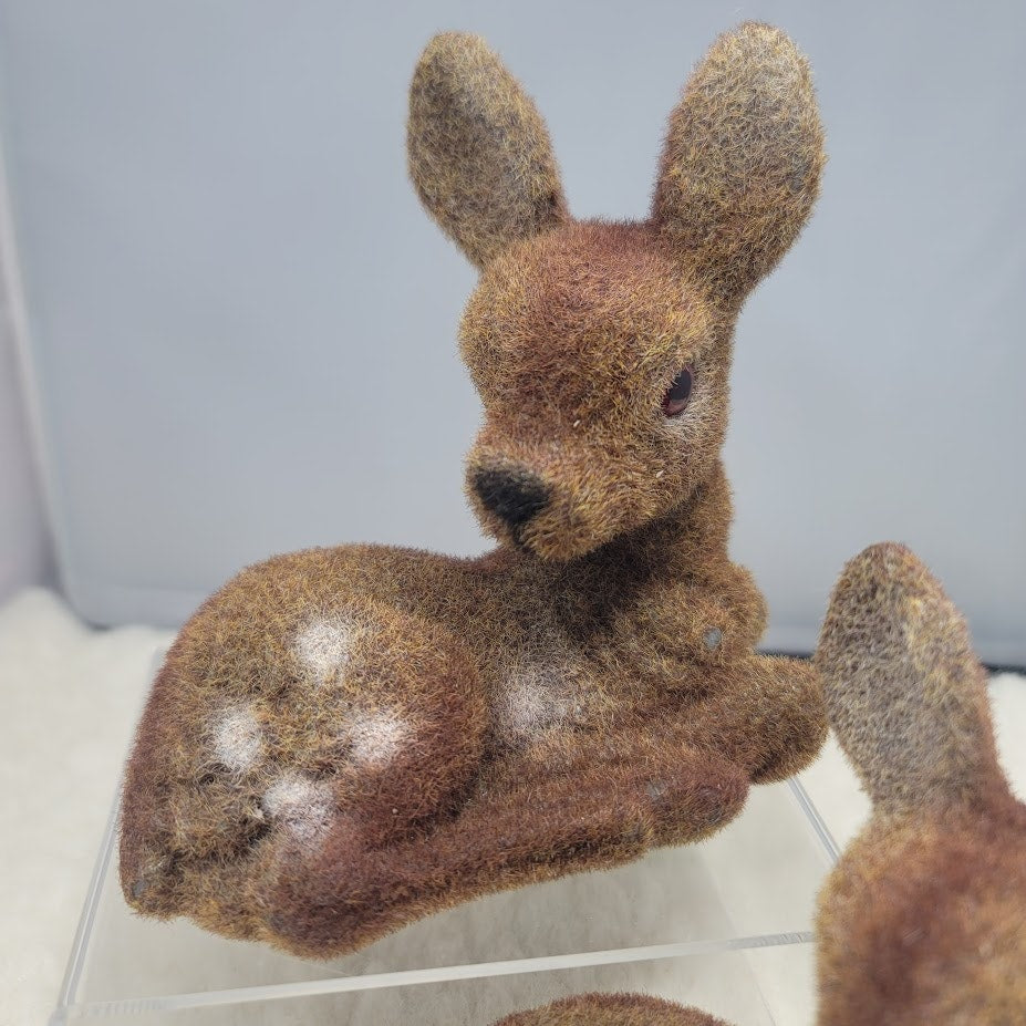 Vintage Mid-Century Flocked Spotted Fawn Figurines - Set of 2 Deer
