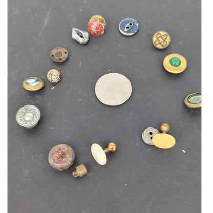 LOT of 15 Antique Vintage Victorian Brass Mixed Materials Buttons ESTATE FIND G