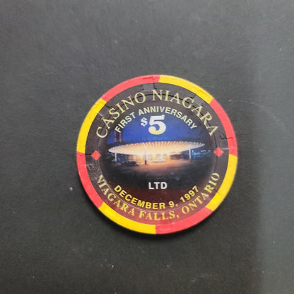 Chip CASINO NIAGARA FIRST ANNIVERSARY $5 December 9 1997 Niagara Falls, Ontario
