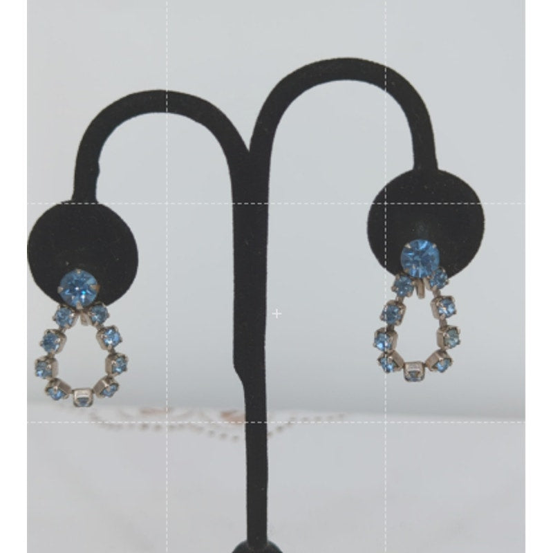 Vintage Blue Rhinestone Silvertone Loop Dangle Screw back Earrings Subtle