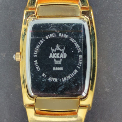 Vintage AKKAD Women's Quartz Watch Gold Tone Rhinestone Link Bracelet Tonneau