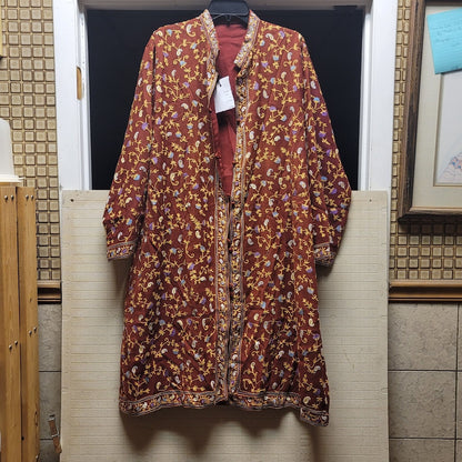 Burgundy Wine Long Duster Lined Embroidery Floral Paisley Coat Jacket XL/ 16