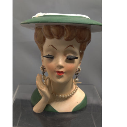 Vintage 1950s Redhead Lady Head Vase Planter Green Hat Collectible Kitsch