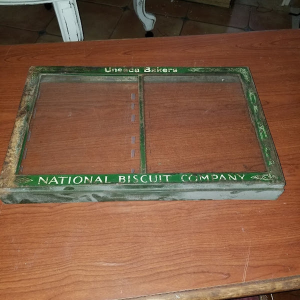 National Biscuit Company Green Glass Advertising Uneda Bakers Glass Sliding Lid