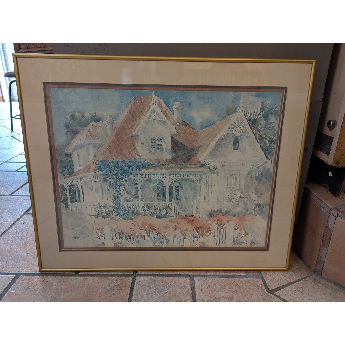 Vintage 80's Art Print Beth Eidelberg Victorian Houses 30" x 24" framed
