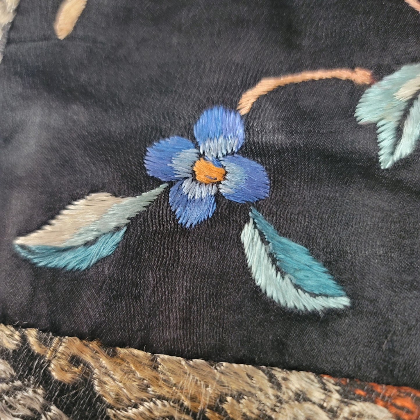 Vintage Chinese hand embroidery silk fabric placemat tapestry black floral