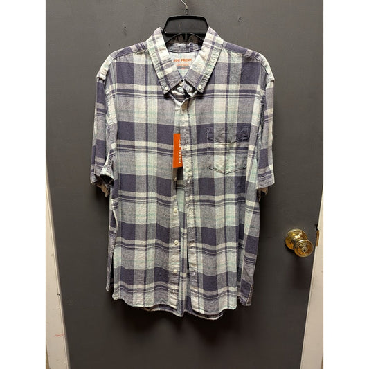 Joe Fresh blue white plaid short sleeve button down shirt Large NEW linen blend