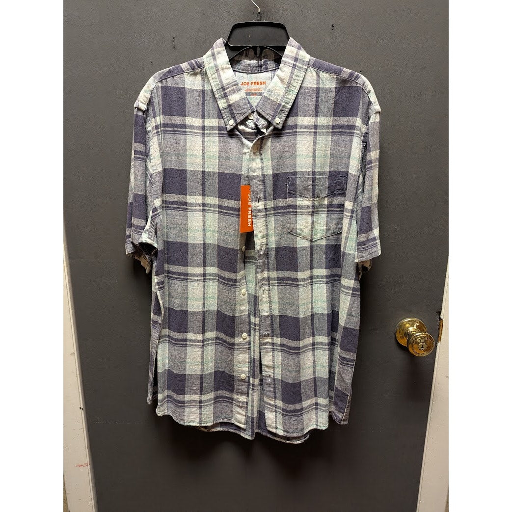 Joe Fresh blue white plaid short sleeve button down shirt Large NEW linen blend
