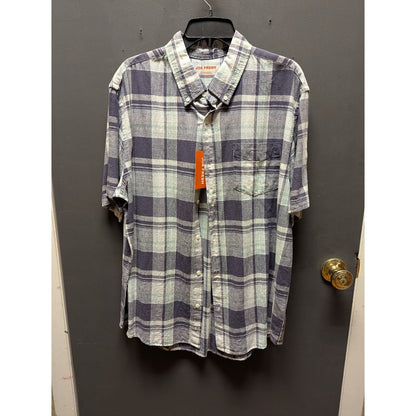 Joe Fresh blue white plaid short sleeve button down shirt Large NEW linen blend