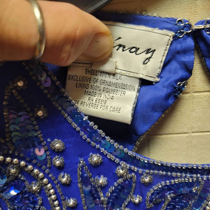 Stenay Vintage 80s Silk Sequin Beaded Knee High 6P Dress Electric Blue Cocktail