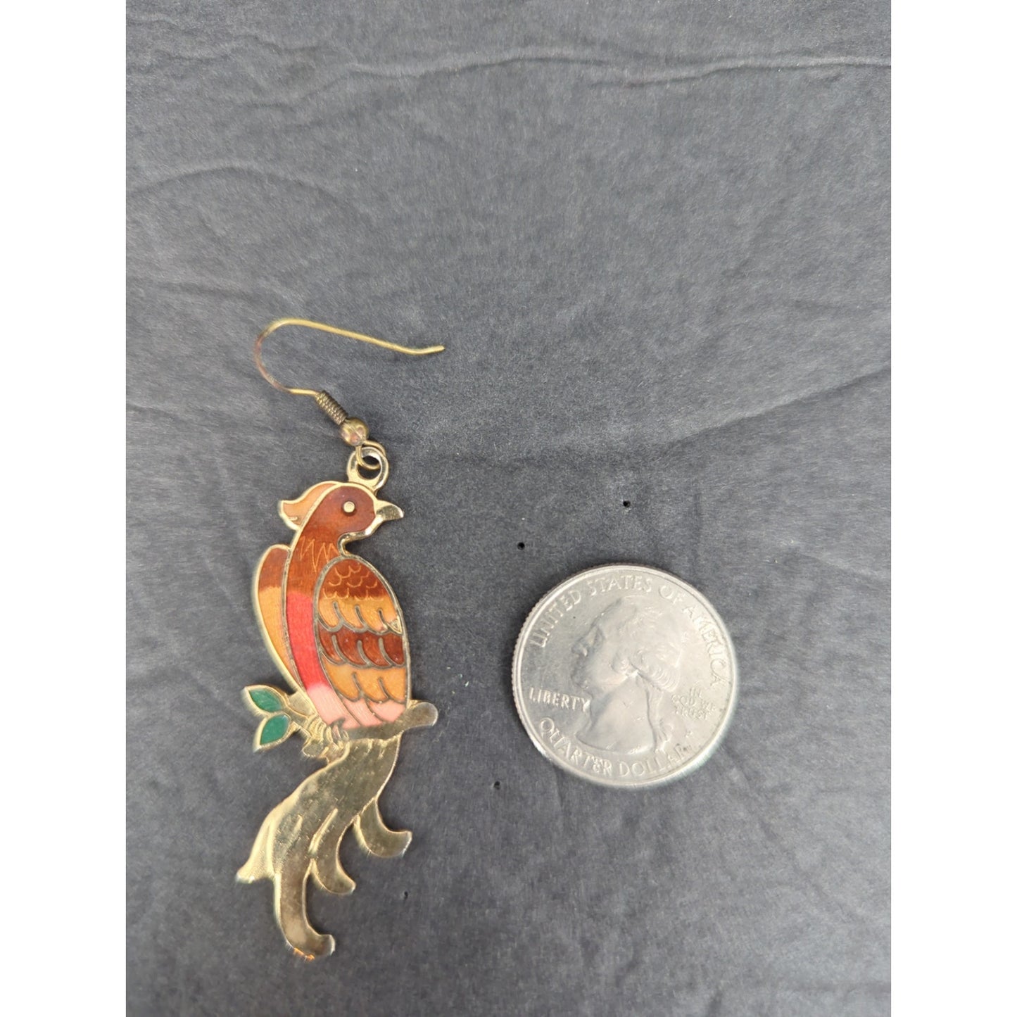 Vintage Cloisonne Enamel Bird Dangle Earrings Pierced Gold Tone Boho Art Parrot